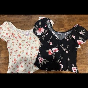 Two Floral Off The Shoulder Button Crop Tops - Black and White - Small & XS